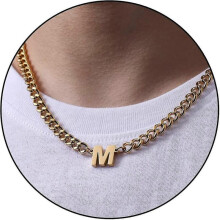 (M, Gold) Initial A-z Cuban Link Chain Necklace For Boys Men Women Letter Pendant Stainless Steel 6.5mm 18+2 Inches Jewelry Gift