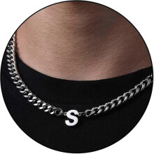 (S, Silver) Initial A-z Cuban Link Chain Necklace For Boys Men Women Letter Pendant Stainless Steel 6.5mm 18+2 Inches Jewelry Gift