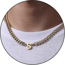 (S, Gold) Initial A-z Cuban Link Chain Necklace For Boys Men Women Letter Pendant Stainless Steel 6.5mm 18+2 Inches Jewelry Gift