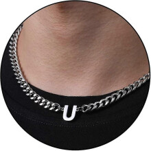 (U, Silver) Initial A-z Cuban Link Chain Necklace For Boys Men Women Letter Pendant Stainless Steel 6.5mm 18+2 Inches Jewelry Gift