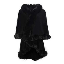 (Plain Black) Women's Fine Knit Cardigan With Faux Fur Trim Layers Poncho Cape