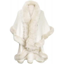 (Cream White) Women's Fine Knit Cardigan With Faux Fur Trim Layers Poncho Cape