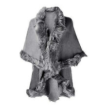 (Gray) Women's Fine Knit Cardigan With Faux Fur Trim Layers Poncho Cape