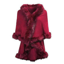 (Red) Women's Fine Knit Cardigan With Faux Fur Trim Layers Poncho Cape