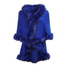 (Royal Blue) Women's Fine Knit Cardigan With Faux Fur Trim Layers Poncho Cape