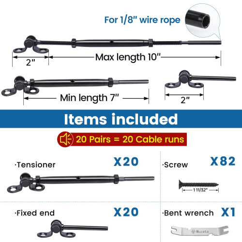 Muzata 20 ζεύγη Μαύρο Κιτ Καλωδίωσης 1/8" Swage Toggle Turnbuckle Τ316 Ανοξείδωτο Ατσάλι 1