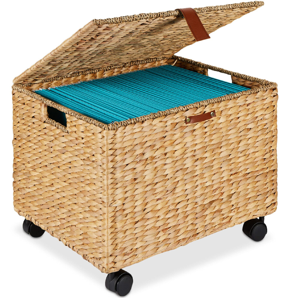 Best choice Products Water Hyacinth Rolling Filing cabinet Woven Mobile Storage Basket Portable File Organizer for Legal Letter Size Memos wLid 4