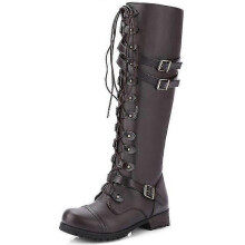 (42, Dark Brown) Women Lace-up Knee High Boots Buckle Riding Biker Shoes