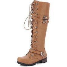 (36, Yellow Brown) Women Lace-up Knee High Boots Buckle Riding Biker Shoes