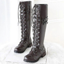 (40, Dark Brown) Women Lace-up Knee High Boots Buckle Riding Biker Shoes