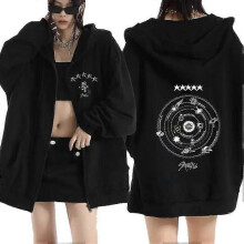 (S, Black) Korean Stray Kids 5 Star Art Music Album Zipper Hoodie Men Women Casual Oversized Sweatshirts Kpop Hip Hop Trend Zip Up Jacket