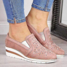 (EU 39, Pink) Women's Casual Wedge Shoes Rhinestone Slip On Sneakers Flat Walking Loafers