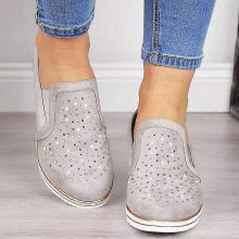 (EU 39, Gray) Women's Casual Wedge Shoes Rhinestone Slip On Sneakers Flat Walking Loafers