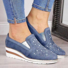 (EU 39, Blue) Women's Casual Wedge Shoes Rhinestone Slip On Sneakers Flat Walking Loafers