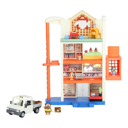 Bluey Hammerbarn Κέντρο Αγορών Mega Set, 4 Επίπεδα, 22" Ψηλό Playset με Lift και Τρόλεϊ 1