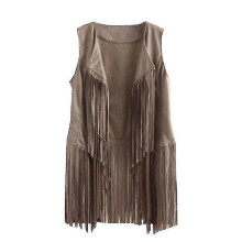 (XL, Beige) Women Faux Suede Sleeveless For Jacket Fringe Tassels 70s Hippie Open Front Cardigan