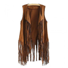 (L, Khaki) Women Faux Suede Sleeveless For Jacket Fringe Tassels 70s Hippie Open Front Cardigan