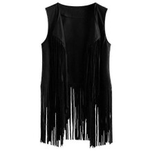 (XL, Black) Women Faux Suede Sleeveless For Jacket Fringe Tassels 70s Hippie Open Front Cardigan