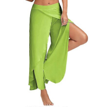 (L, Green) Women Plain Yoga Pants Side Split Sports Gym Casual Loose Wide Leg Long Pants Breathable Pilates Dance Pants