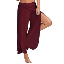 (2XL, Wine Red) Women Plain Yoga Pants Side Split Sports Gym Casual Loose Wide Leg Long Pants Breathable Pilates Dance Pants