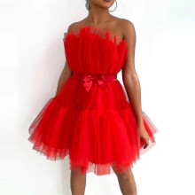 (40, Red) 2023-women Tulle Dress Sleeveless Short Dress Solid Mesh Princess Steapless Party Dress