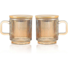 (Brown) Iridescent Glass Coffee Mugs Set Of 2-340ml Ribbed Coffee Glasses Tea Cups With Lid