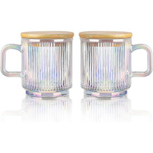 (Colorful) Iridescent Glass Coffee Mugs Set Of 2-340ml Ribbed Coffee Glasses Tea Cups With Lid