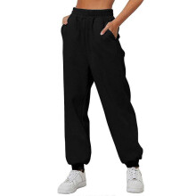 (L, Black) Women Sweatpants Cinch Bottom With Pockets High Waist