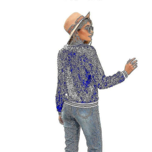 (M, Blue) Women"s Sequin Fitted Long Sleeve Zipper Blazer Bomber Jacket 1