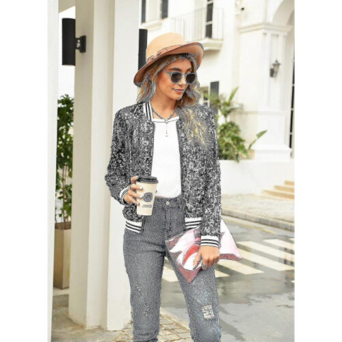 (S, Black) Women"s Sequin Fitted Long Sleeve Zipper Blazer Bomber Jacket 1