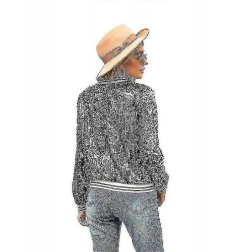 (L, Black) Women"s Sequin Fitted Long Sleeve Zipper Blazer Bomber Jacket 1