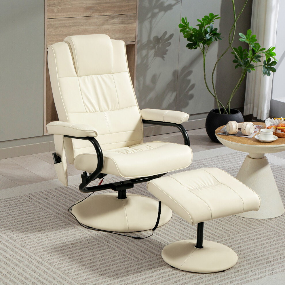 HOMCOM Cream Leather Recliner Chair with Ottoman - 10 Point Vibration Massage - Image 4