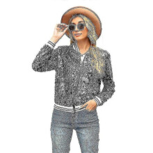 (M, Black) Women"s Sequin Fitted Long Sleeve Zipper Blazer Bomber Jacket