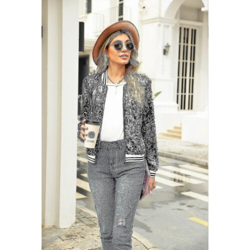 (L, Black) Women"s Sequin Fitted Long Sleeve Zipper Blazer Bomber Jacket 2