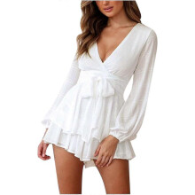 (36, White) Womens Fashion Summer Solid Casual Long Sleeve Suspender Short Jumpsuit