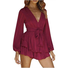 (38, Terracotta) Womens Fashion Summer Solid Casual Long Sleeve Suspender Short Jumpsuit