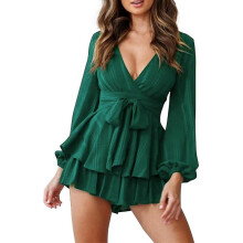 (40, Green) Womens Fashion Summer Solid Casual Long Sleeve Suspender Short Jumpsuit