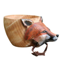 (Fox) Wooden Mug Animal Shape Portable Camping Drinking Cup Hand Carved Outdoor Cup With