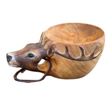 (Deer) Wooden Mug Animal Shape Portable Camping Drinking Cup Hand Carved Outdoor Cup With