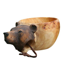 (The Bear) Wooden Mug Animal Shape Portable Camping Drinking Cup Hand Carved Outdoor Cup With
