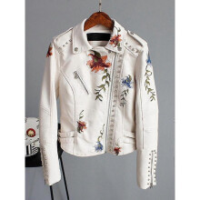 (XL, Beige) Floral Print Embroidery Faux Soft Leather Jacket Women Pu Motorcycle Coat Female Black Punk Zipper Rivet Outerwear