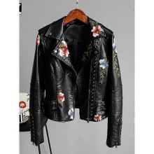 (L, Black) Floral Print Embroidery Faux Soft Leather Jacket Women Pu Motorcycle Coat Female Black Punk Zipper Rivet Outerwear