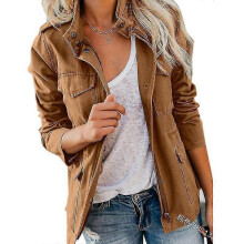 (M, Brown) Women Solid Loose Zipper Multi-pocket Jacket