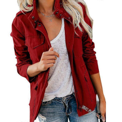 (L, Burgundy) Women Solid Loose Zipper Multi-pocket Jacket