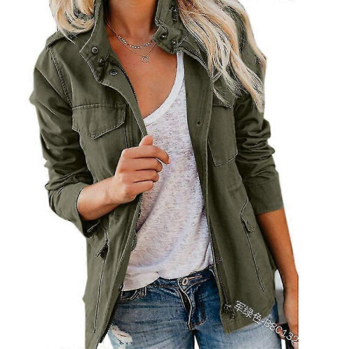 (4XL, Army Green) Women Solid Loose Zipper Multi-pocket Jacket