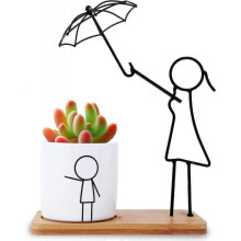 Artistic Appearance, Ceramic Pots with Bamboo Tray and Iron Frame for Succulent Cactus Planter, Indoor Decor for Home Office Enthusiasts