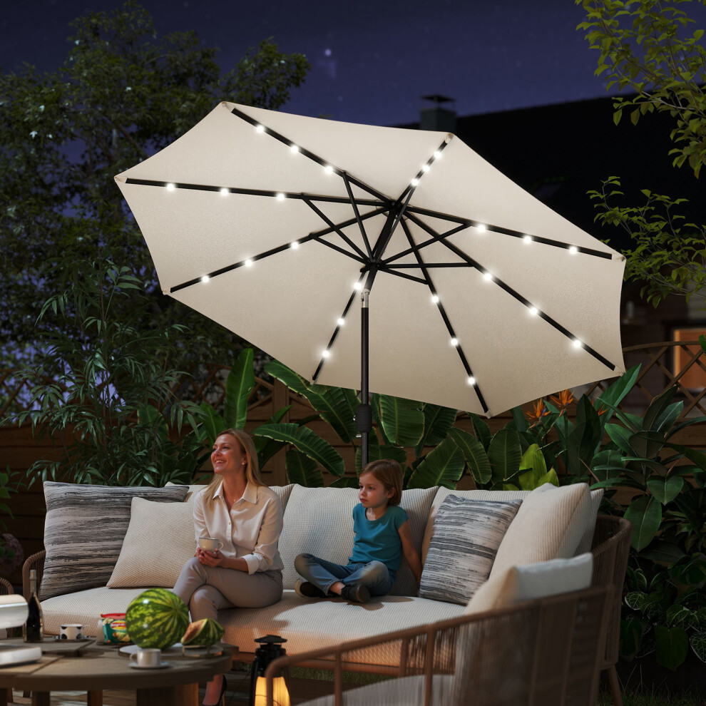 Outsunny Garden Parasol Outdoor Tilt Sun Umbrella LED Light Hand Crank Off-white