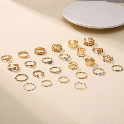 (As show, One size) 25 Pcs Pearl Micro-encrusted Diamond Hollow Pattern Ring Geometric Gothic Ring 1
