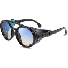 (blue) Sunglasses Retro Round Steampunk Sunglasses Women Men Vintage Eyewear Light Plastic Frame With Leatherwear Multi-color Optional