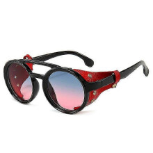 (red) Sunglasses Retro Round Steampunk Sunglasses Women Men Vintage Eyewear Light Plastic Frame With Leatherwear Multi-color Optional